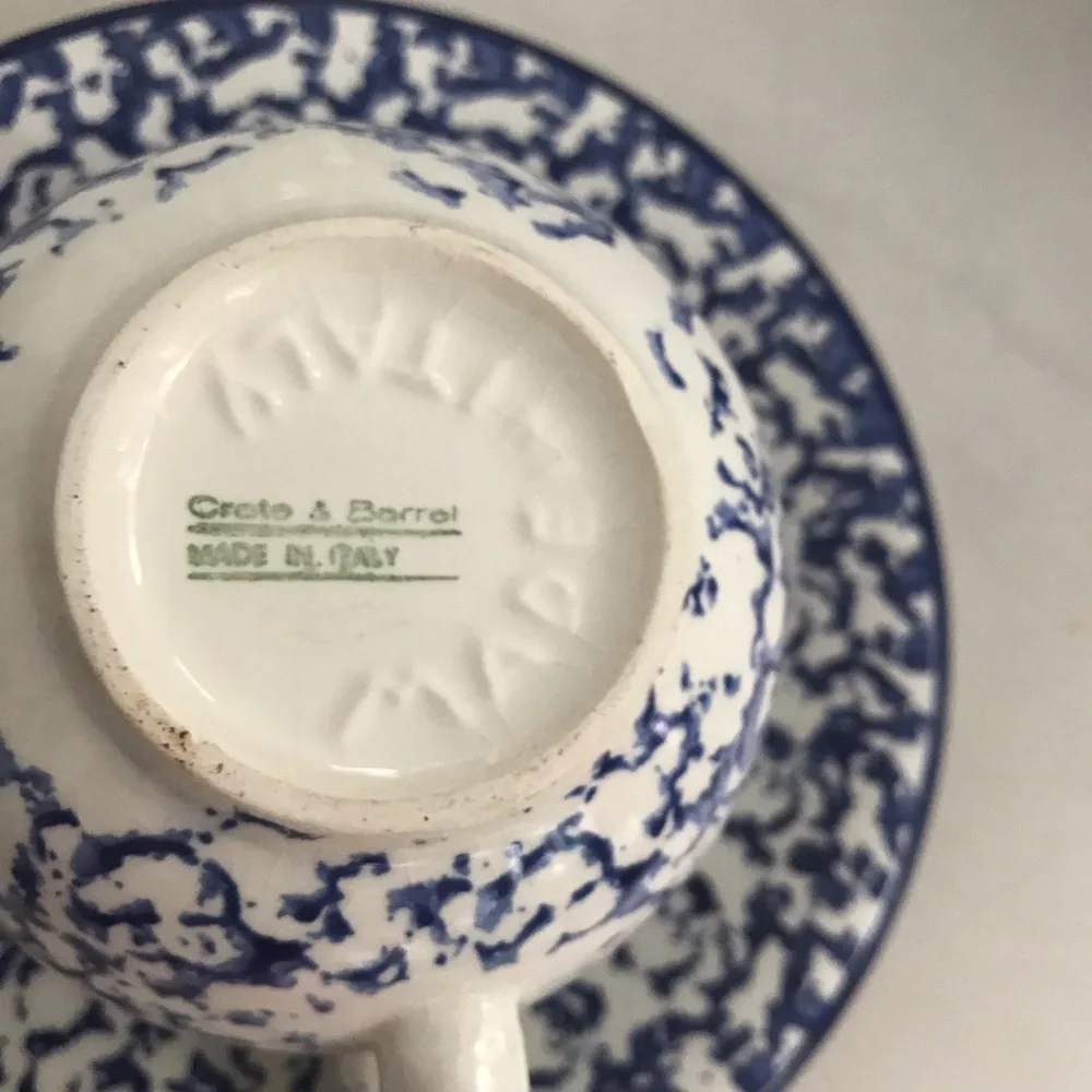 2 Speckled Blue & White Cups& Saucers Set by CRATE & BARREL